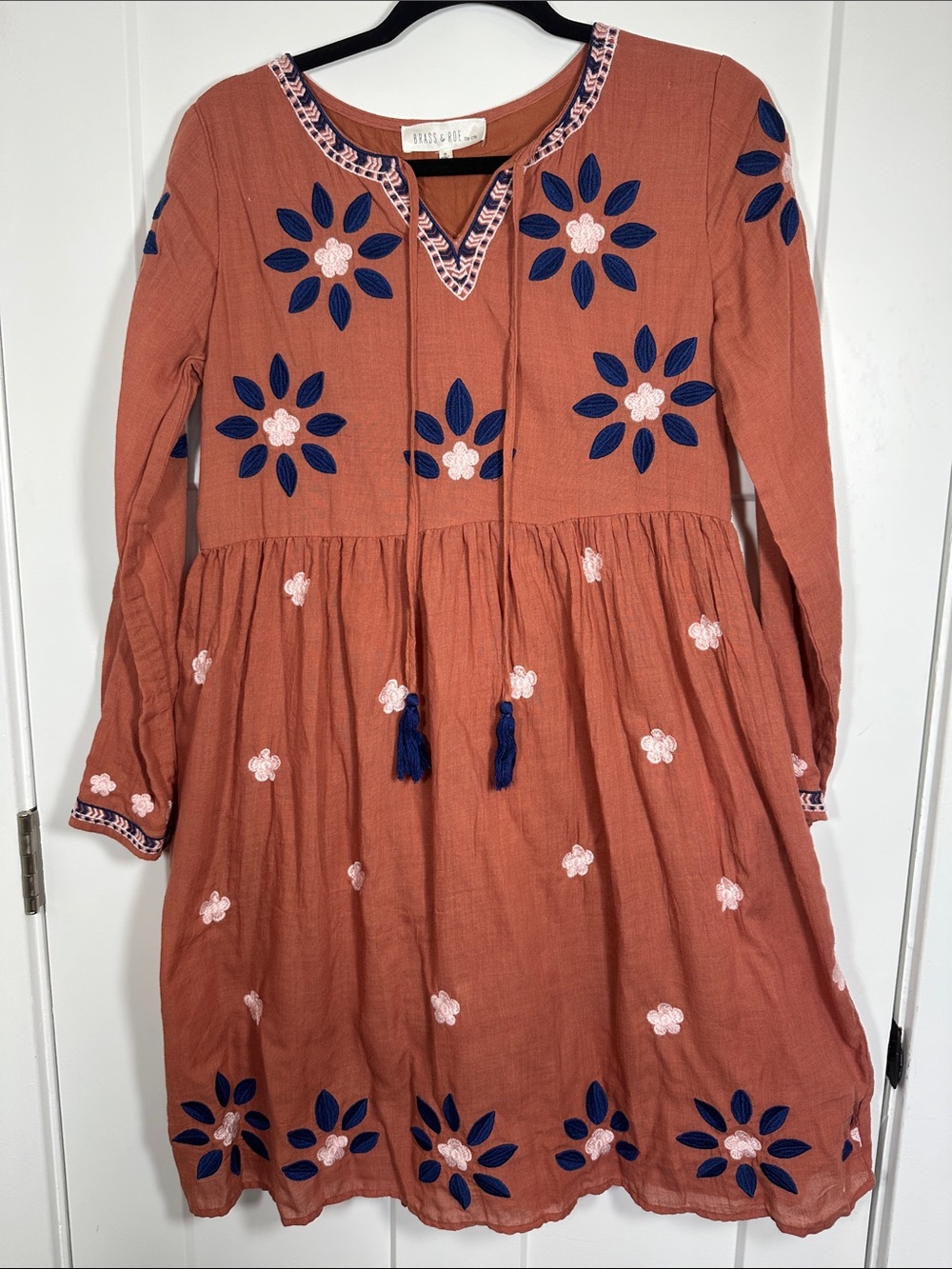 Pilcro & the Letterpress Rust Embroidered Midi Dress with Navy and Blush Accents